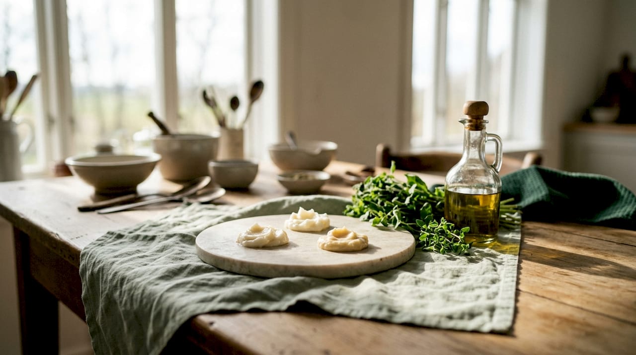 Close-up of fatty acid powders on rustic plate