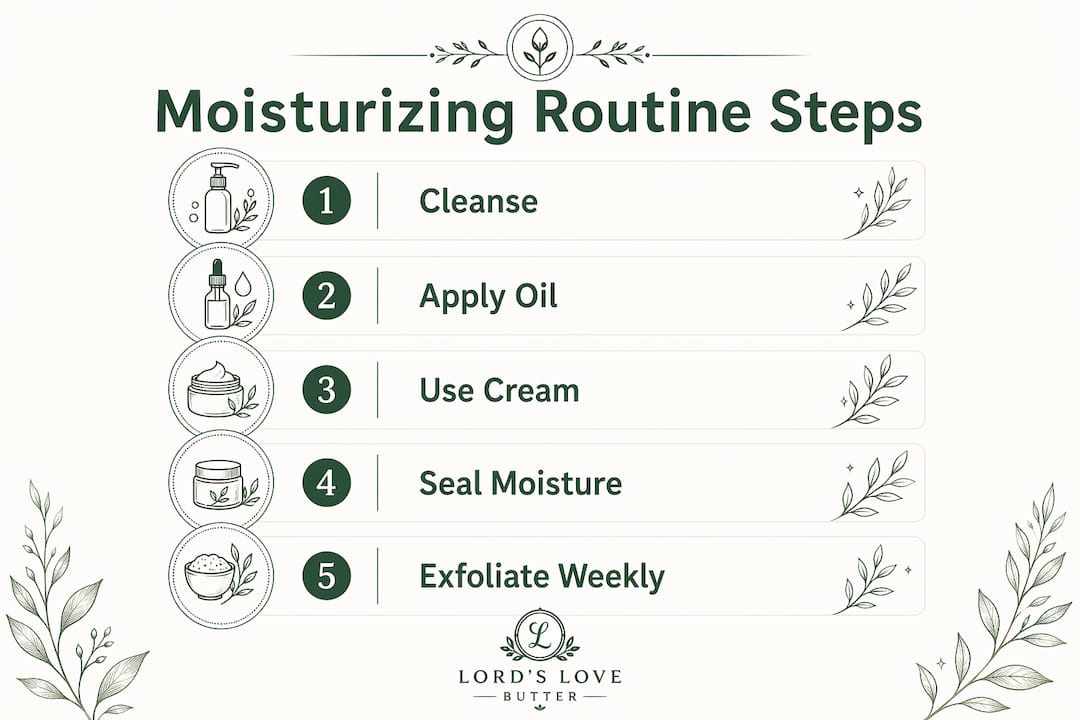 Infographic illustrating steps of a natural moisturizing routine