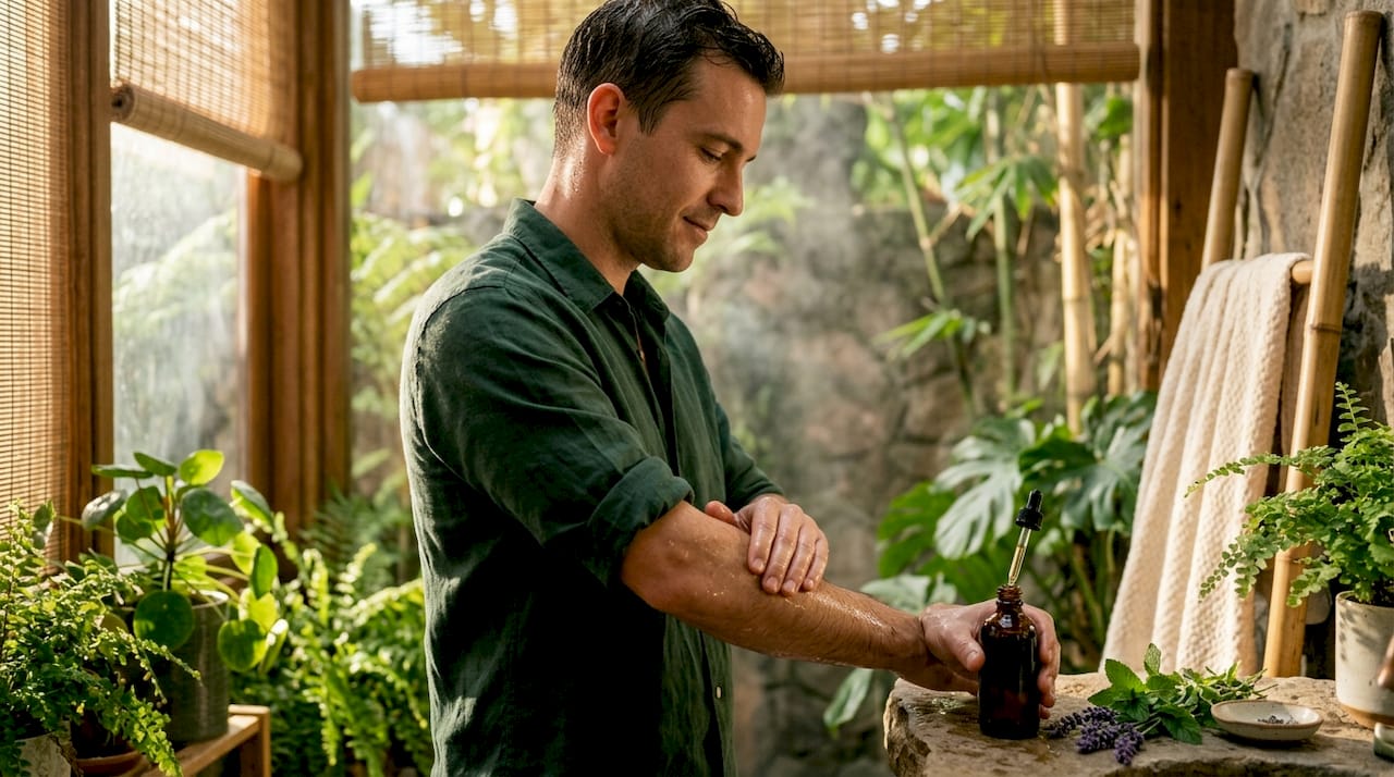 Man applying botanical body oil after shower