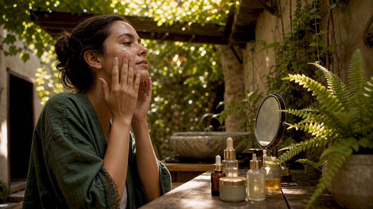 Woman applying skincare serum in bathroom
