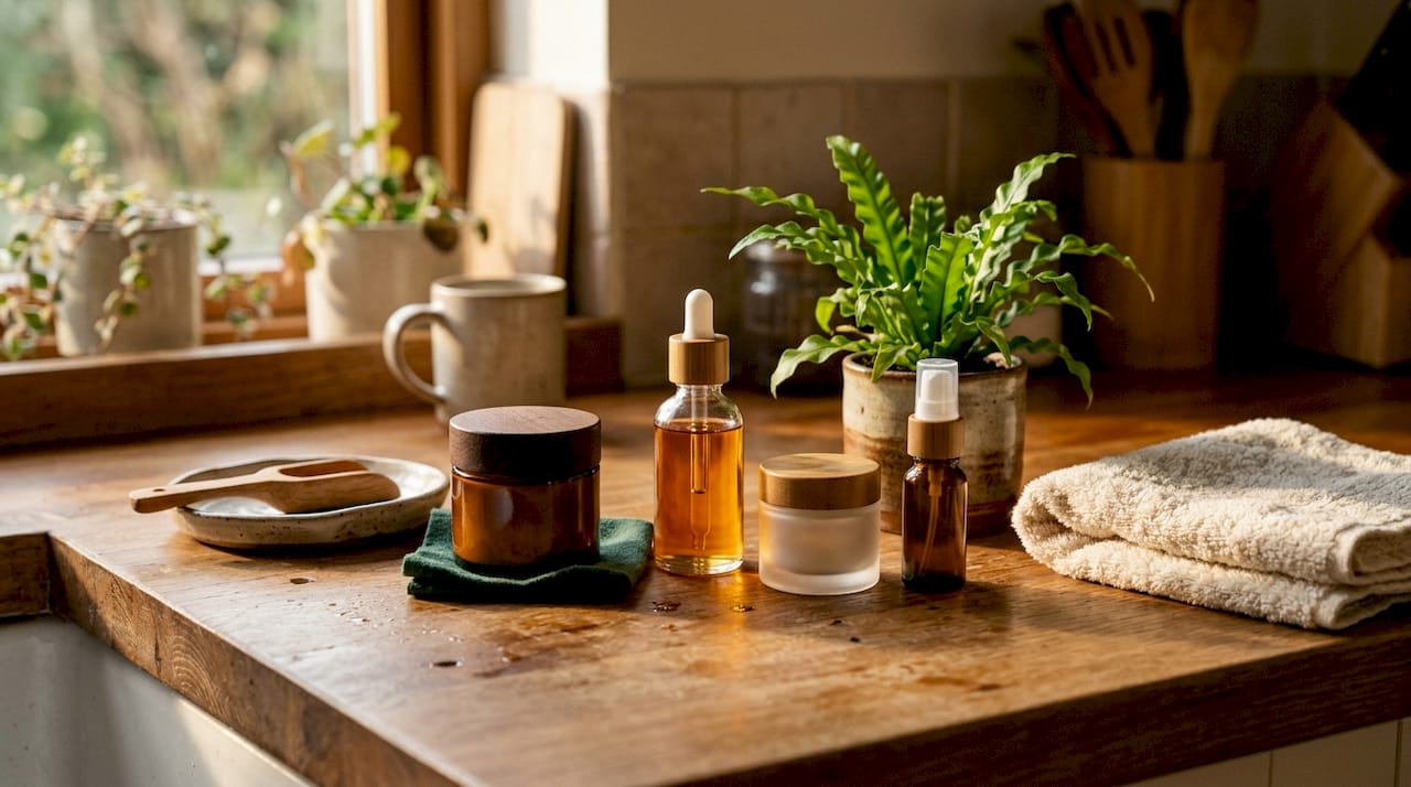 Close-up of multifunctional skincare products on counter