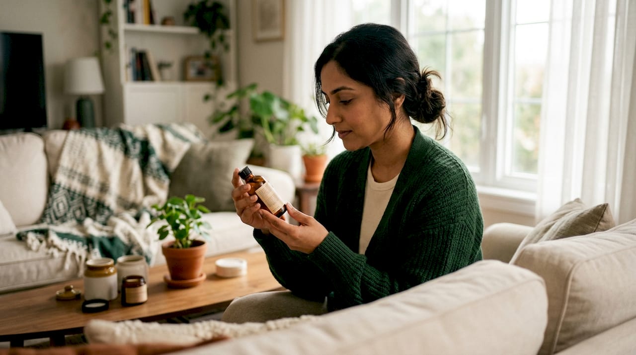 Woman reading skincare ingredient label