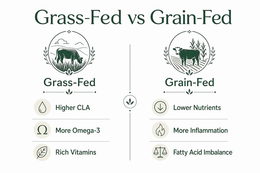 Infographic comparing grass-fed and grain-fed skincare ingredients