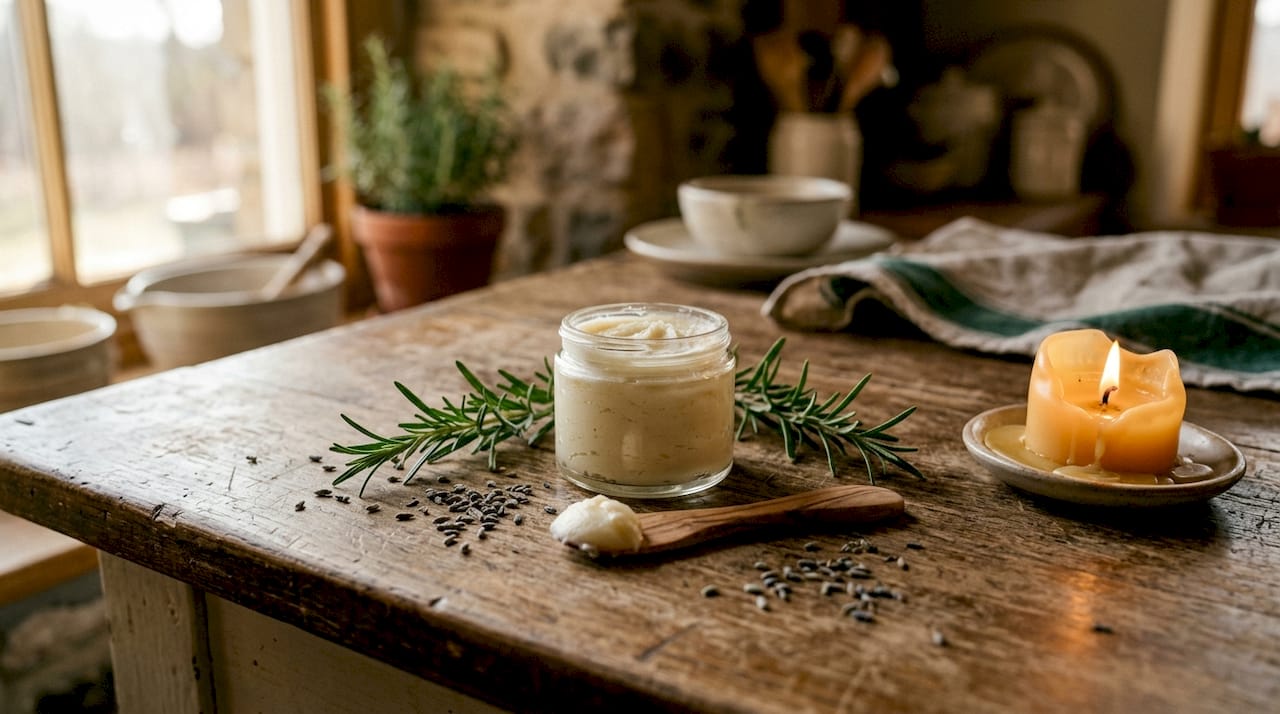 Jar of grass-fed tallow balm on wooden table with natural elements