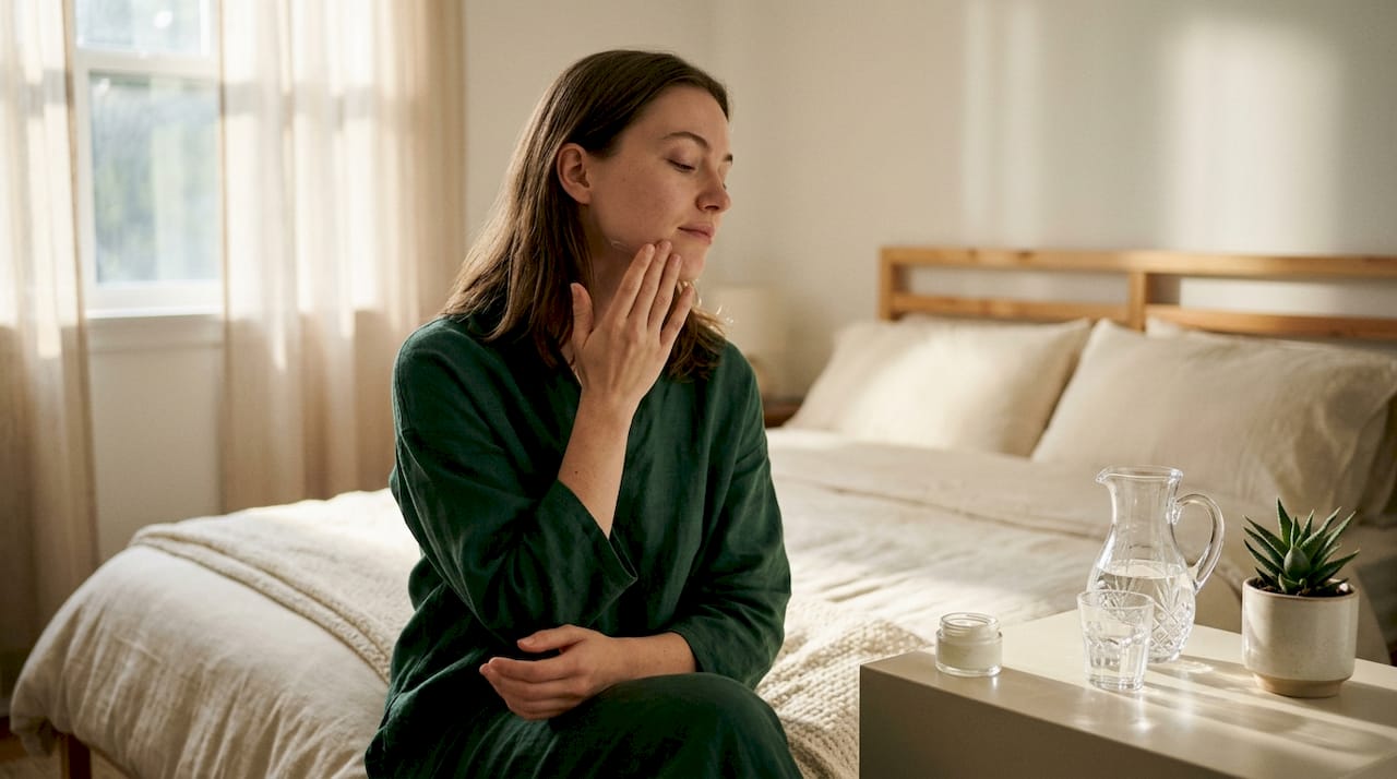 Woman applying moisturizer to sensitive skin