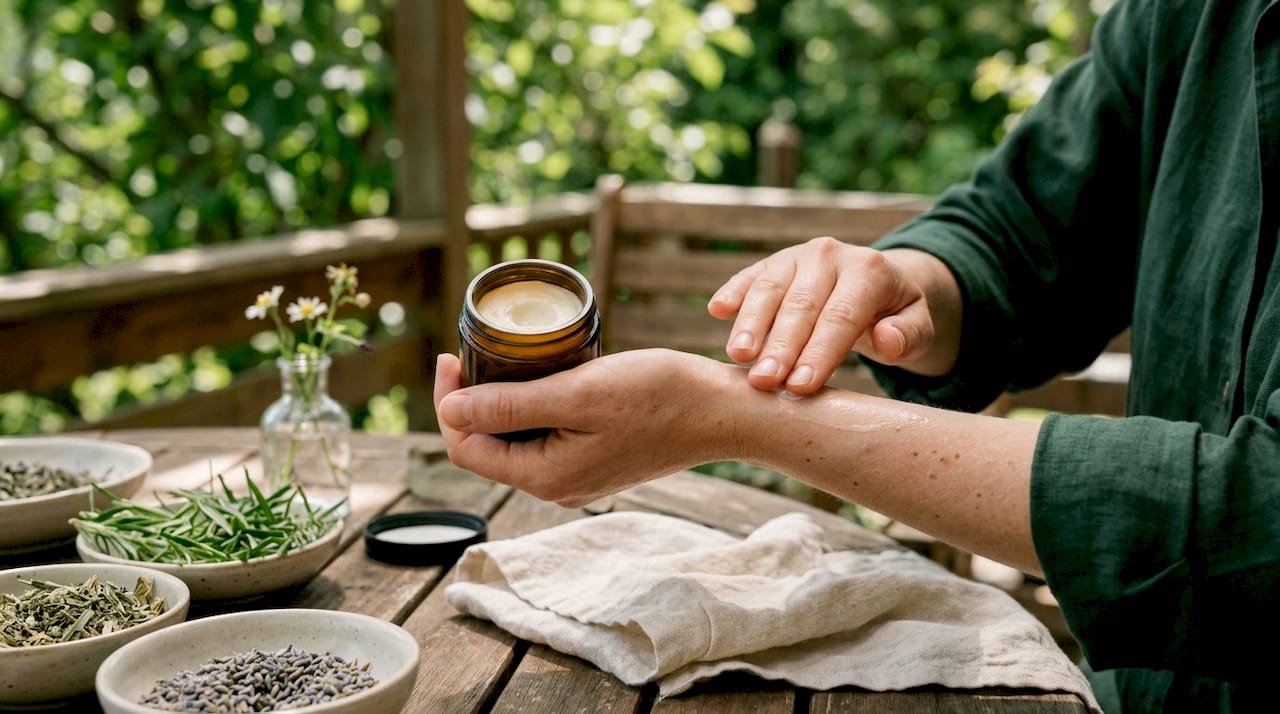 Hands applying natural balm in bathroom