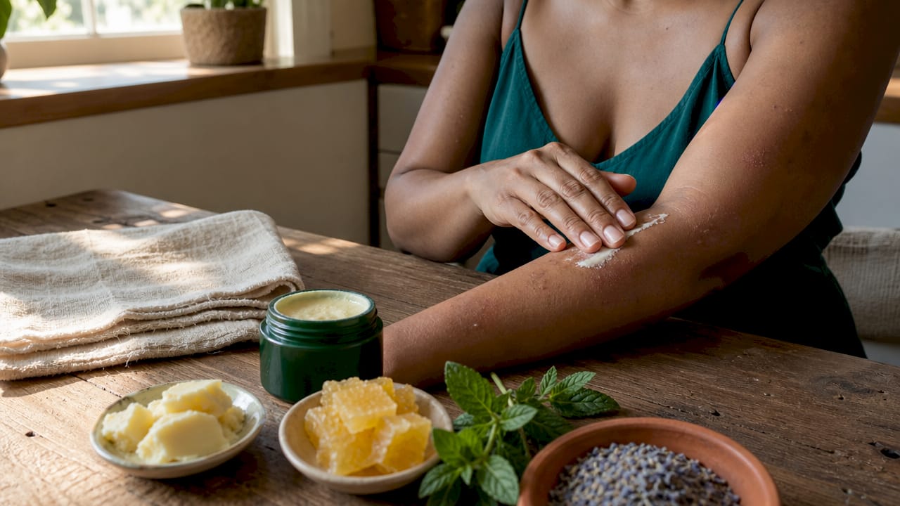 Hands applying natural balm on eczema skin