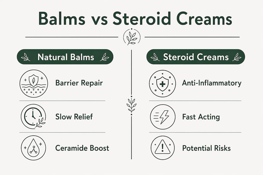 Infographic comparing natural balms and steroid creams for eczema