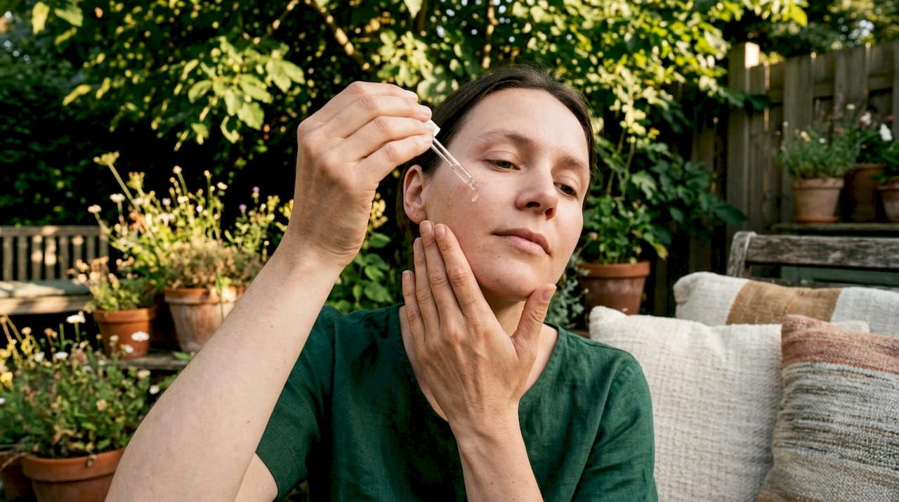 Hands applying natural serum to skin
