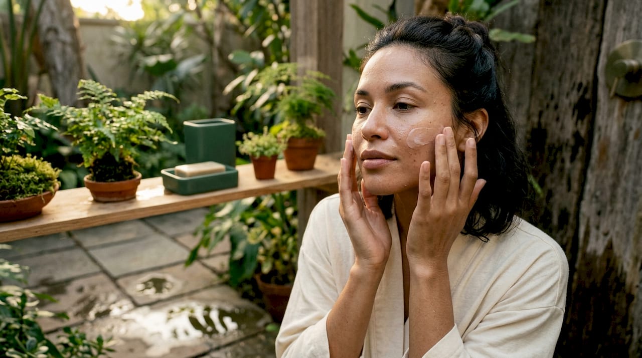 Close-up applying moisturizer on damp facial skin