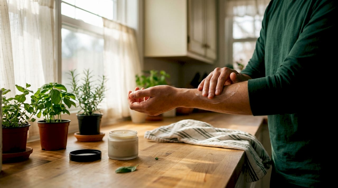 Hands applying natural balm on skin