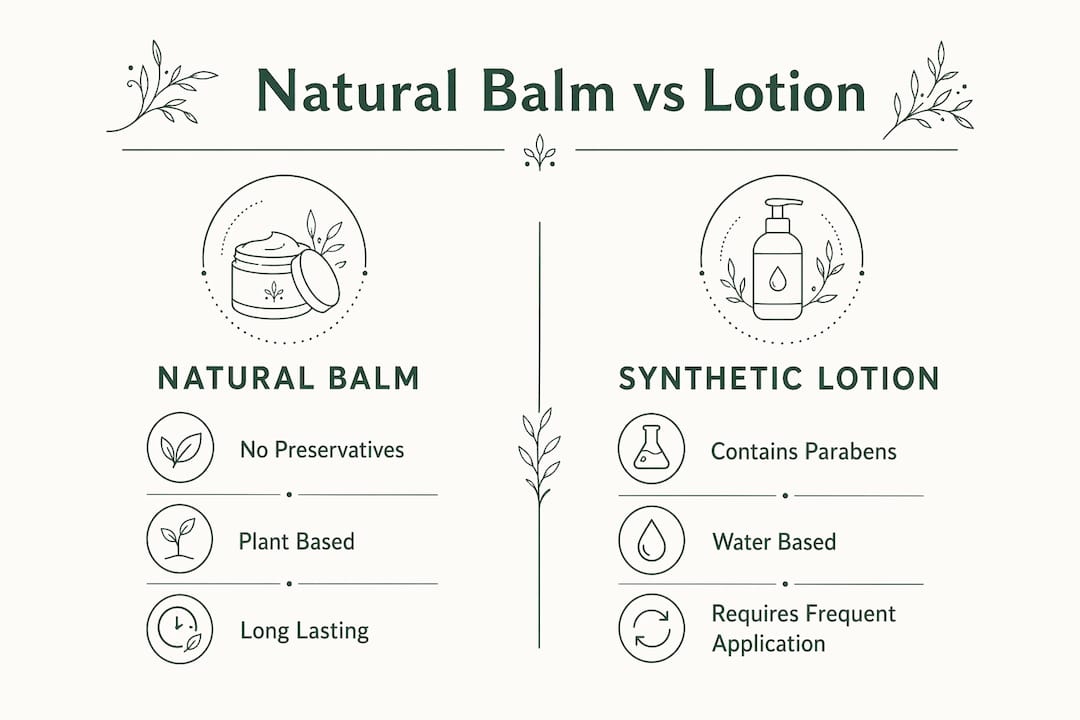 Infographic comparing natural balm and synthetic lotion