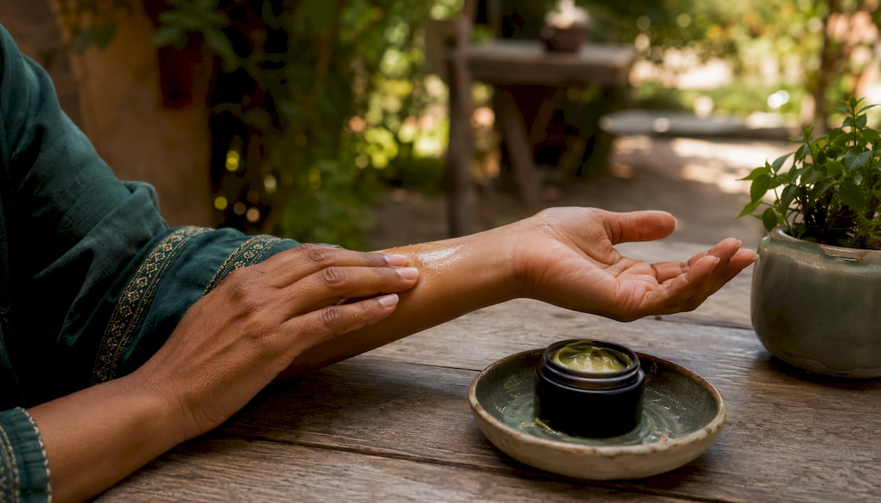 Hand applying natural balm on forearm skin