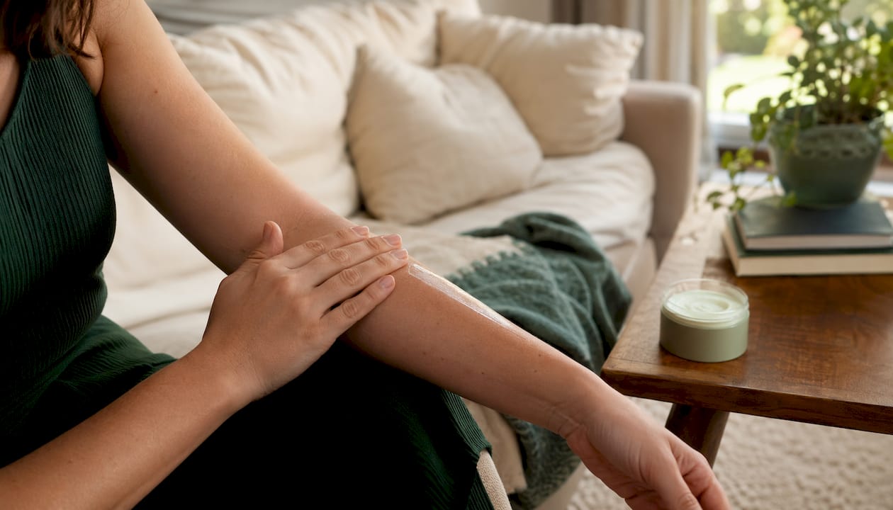 Hands applying moisturizer on arm in bathroom