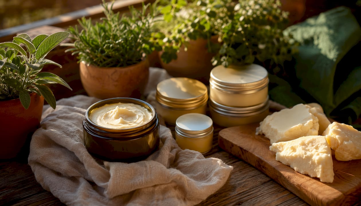 Artisanal tallow balms on wooden table
