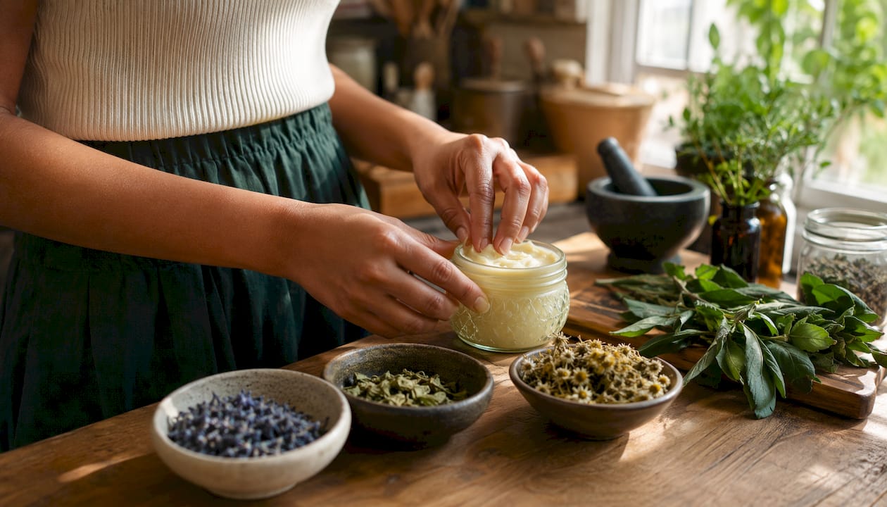Hands preparing ancestral skincare with natural ingredients