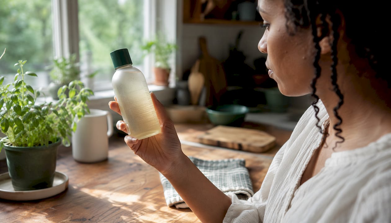 Woman reading ingredient label in bathroom