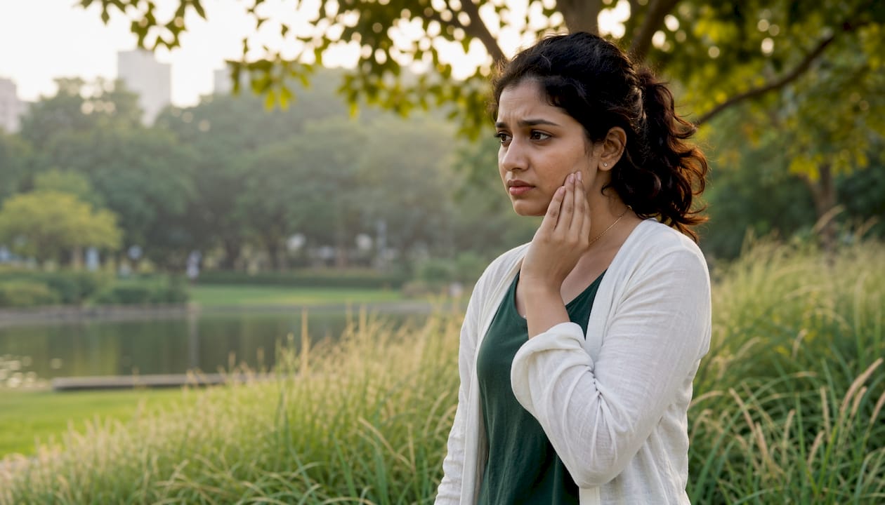 Woman touching skin worried about pollution