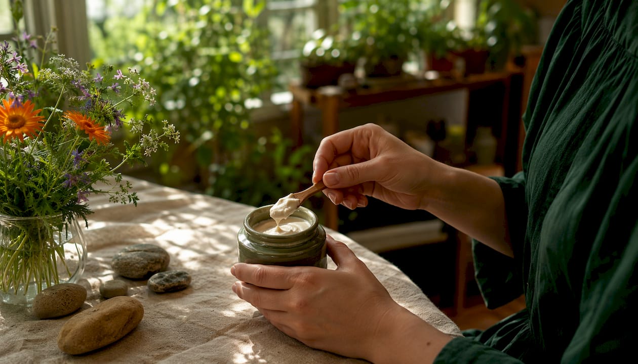 Close-up of hands applying natural moisturizer cream