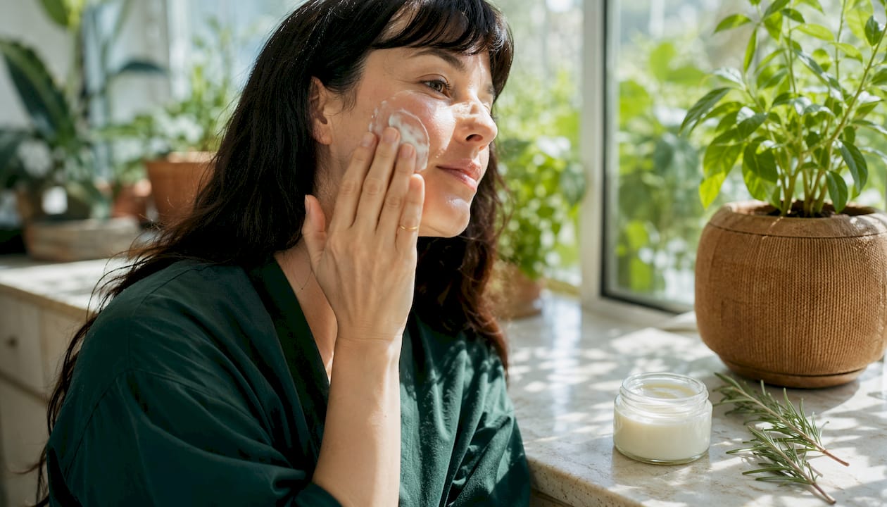 Applying moisturizer on face close-up