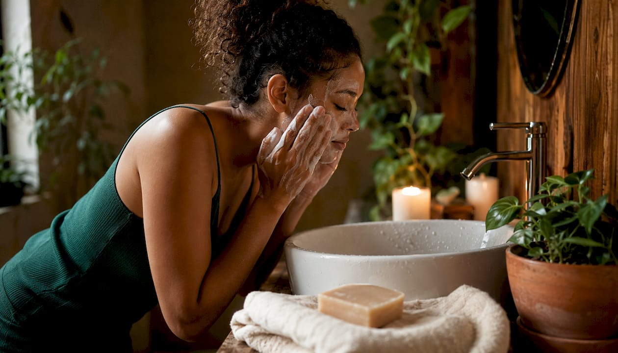 Woman cleansing face in bright bathroom
