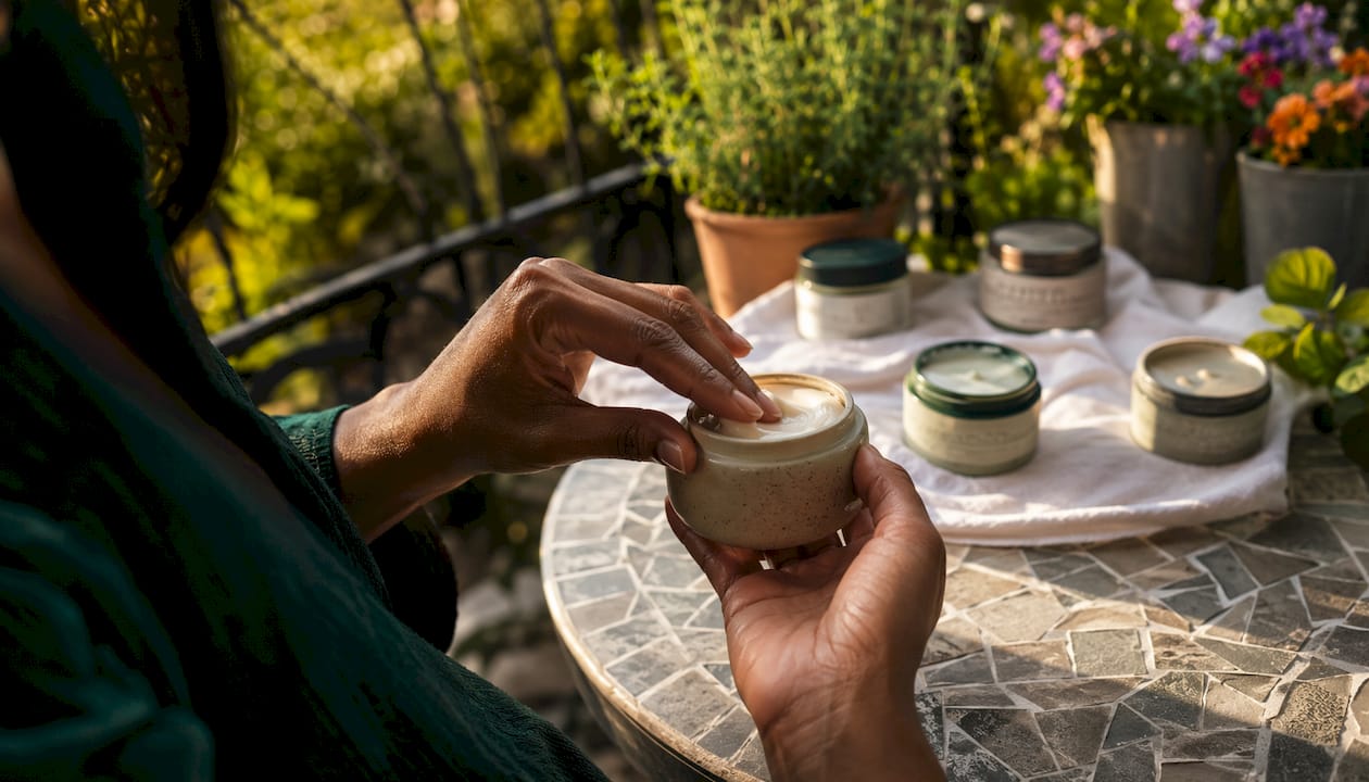 Hands scooping whipped balm from jar