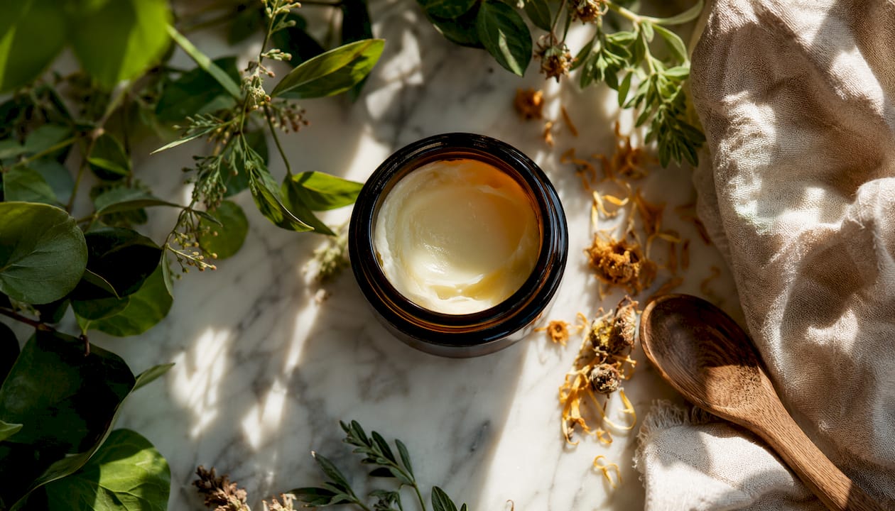 Jar of tallow balm with natural ingredients