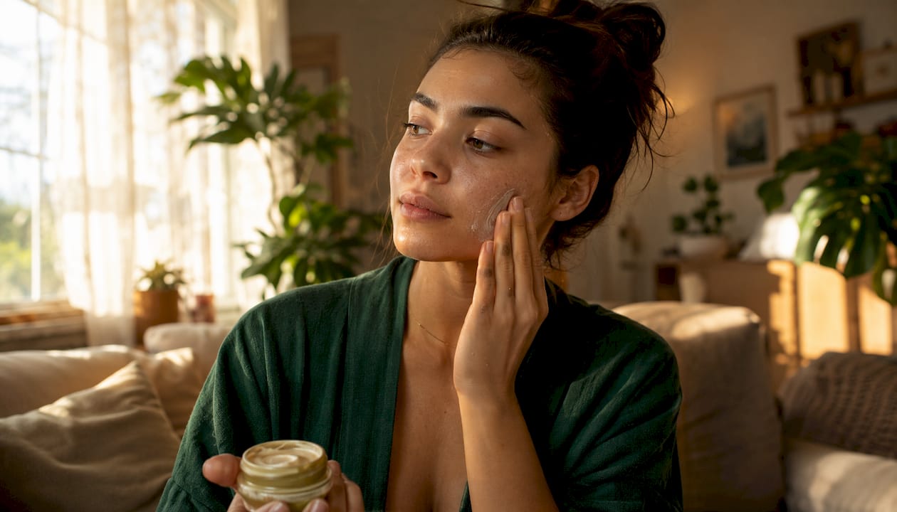 Woman applying natural skin balm to face