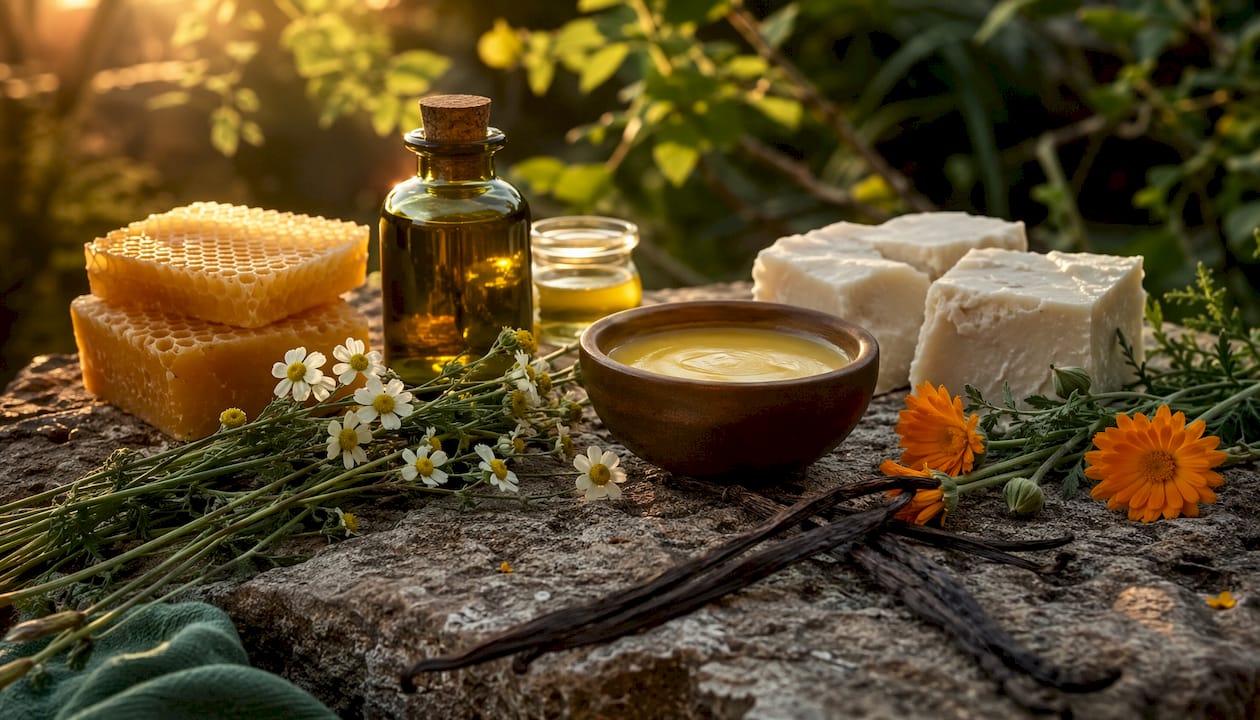 Natural skin balm ingredients on wooden table