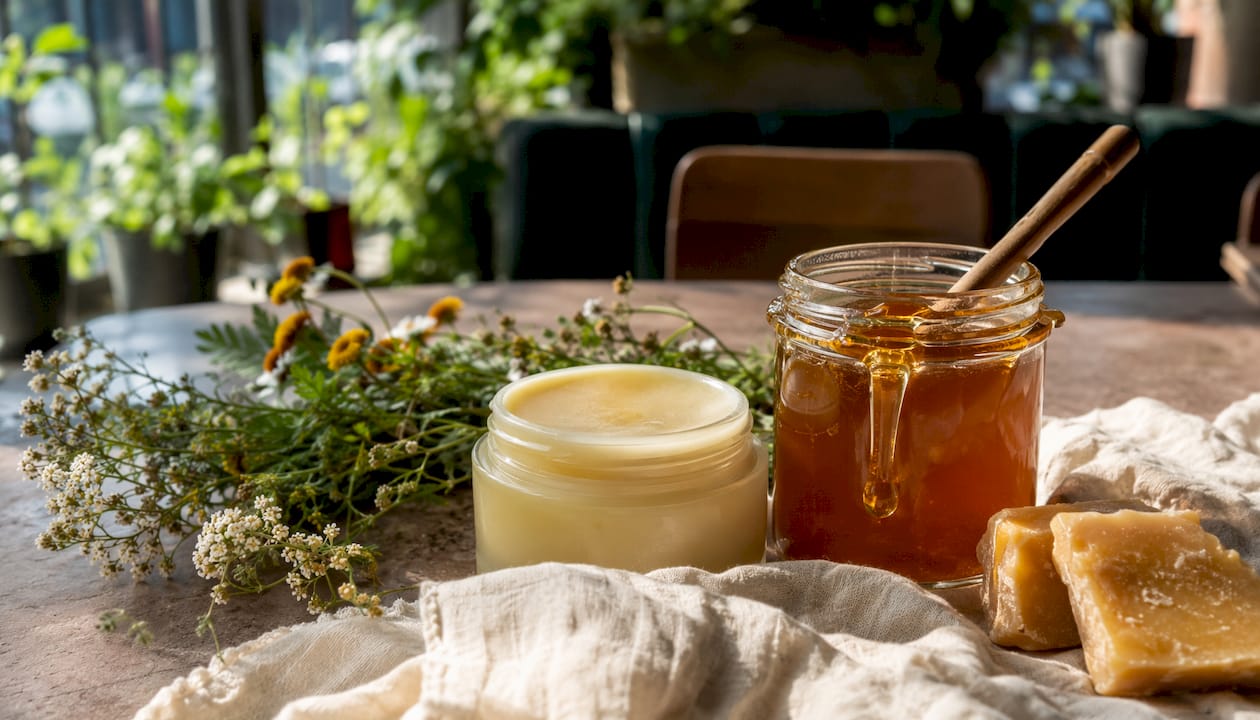 Jar of tallow balm with raw honey nearby