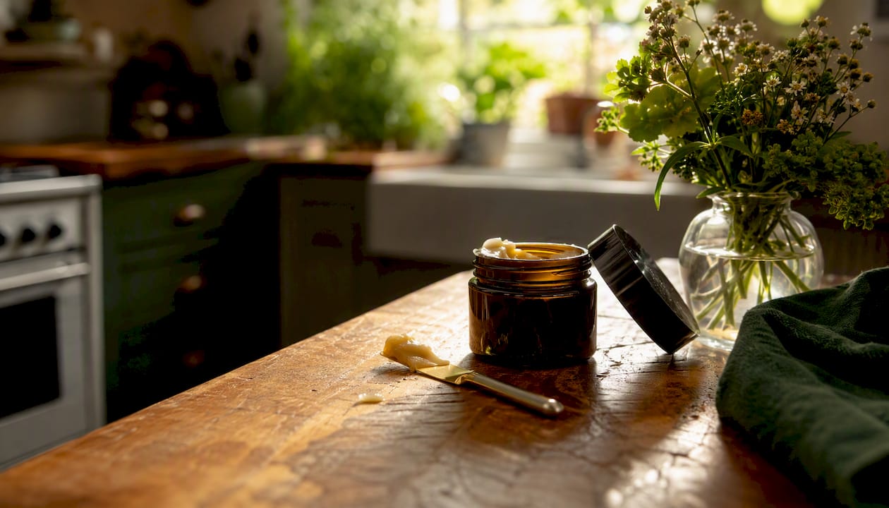 Jar of balm with spatula and calendula flowers