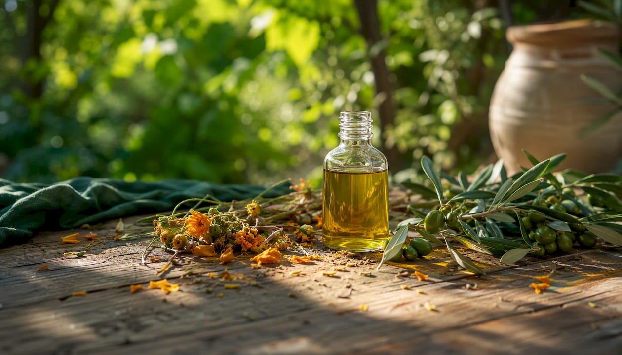 Olive oil bottle and calendula flowers on shelf