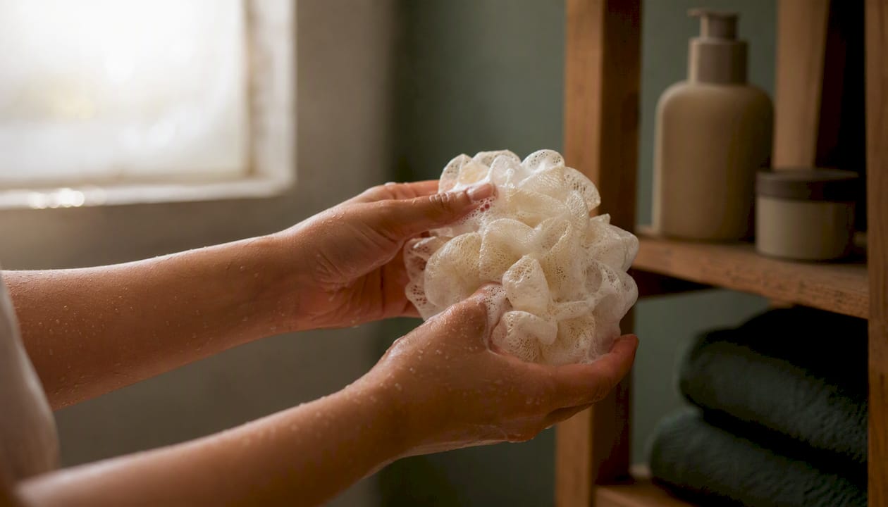 Hands gently cleansing skin with washcloth