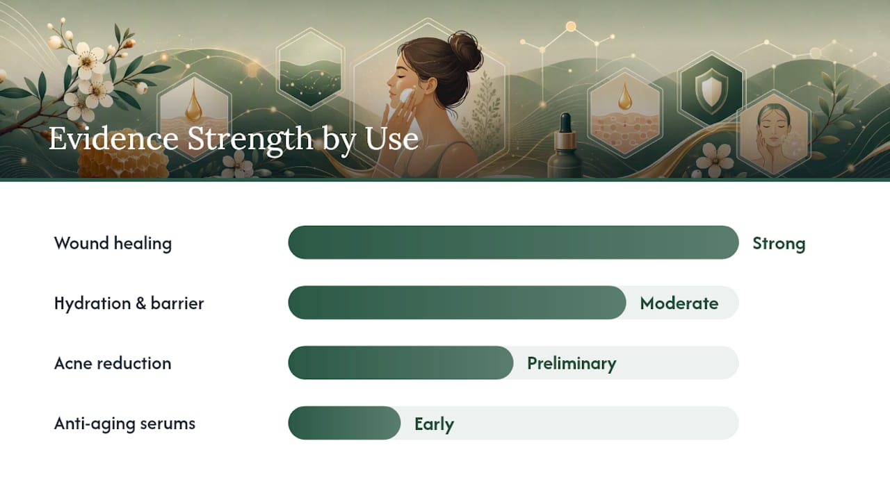 Diagram comparing Manuka honey benefits and evidence strength
