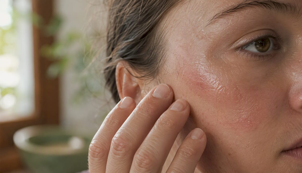 Close-up of oily yet dehydrated facial skin