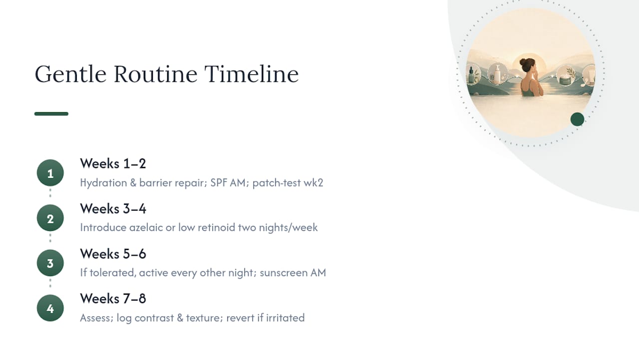 Timeline diagram of a 4 to 8 week skin brightening routine