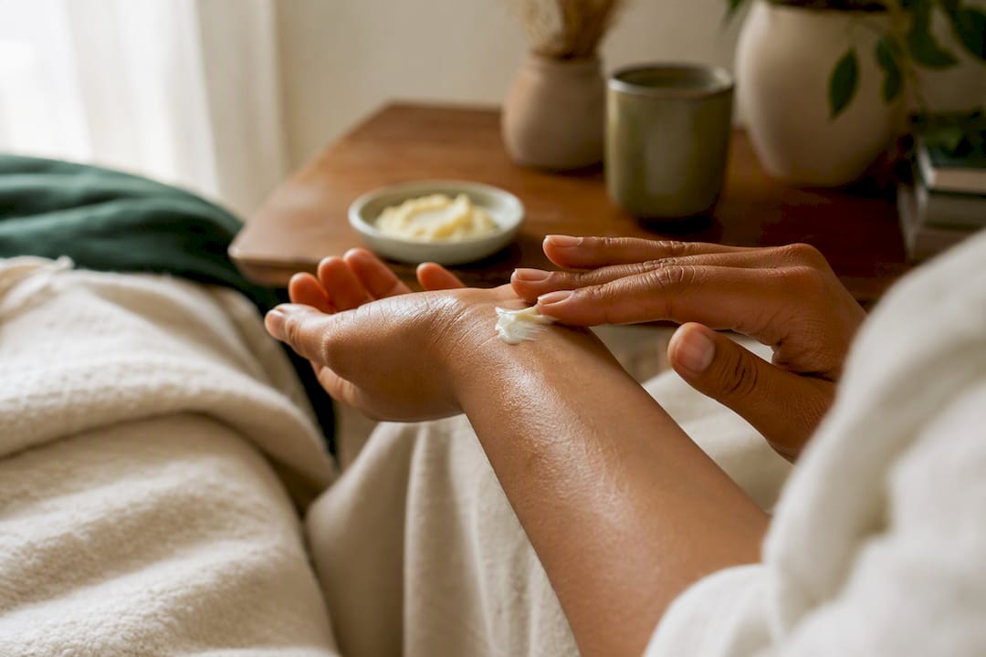 Hand applying whipped balm on damp skin