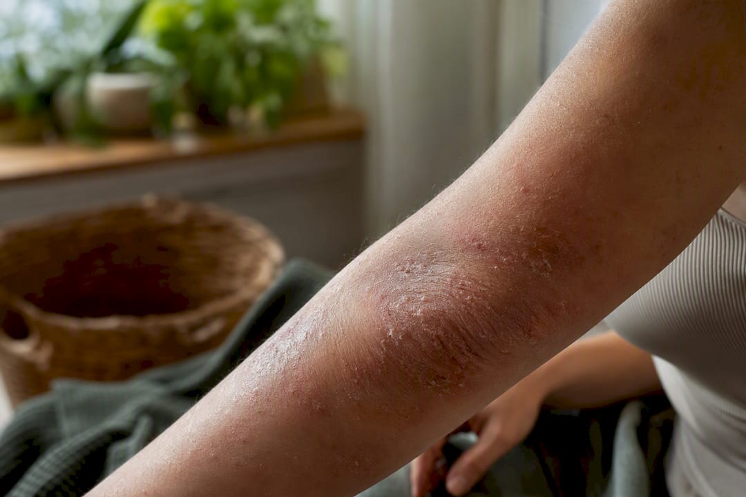 Dry flaky skin in eczema subacute stage
