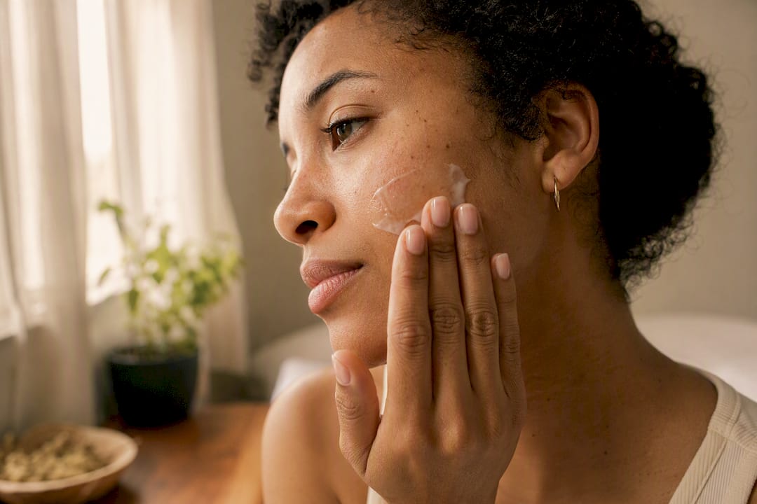 Close-up of gentle balm application on cheek skin