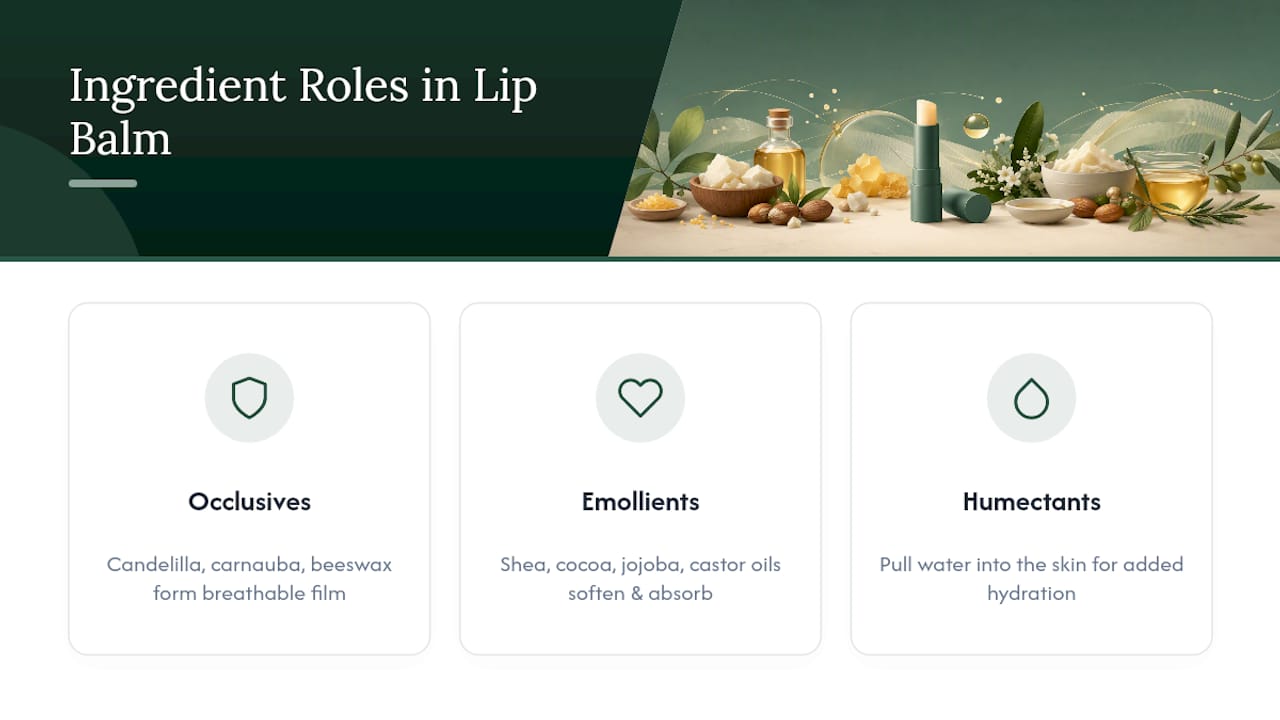 Diagram of ingredient categories in petroleum-free lip balms