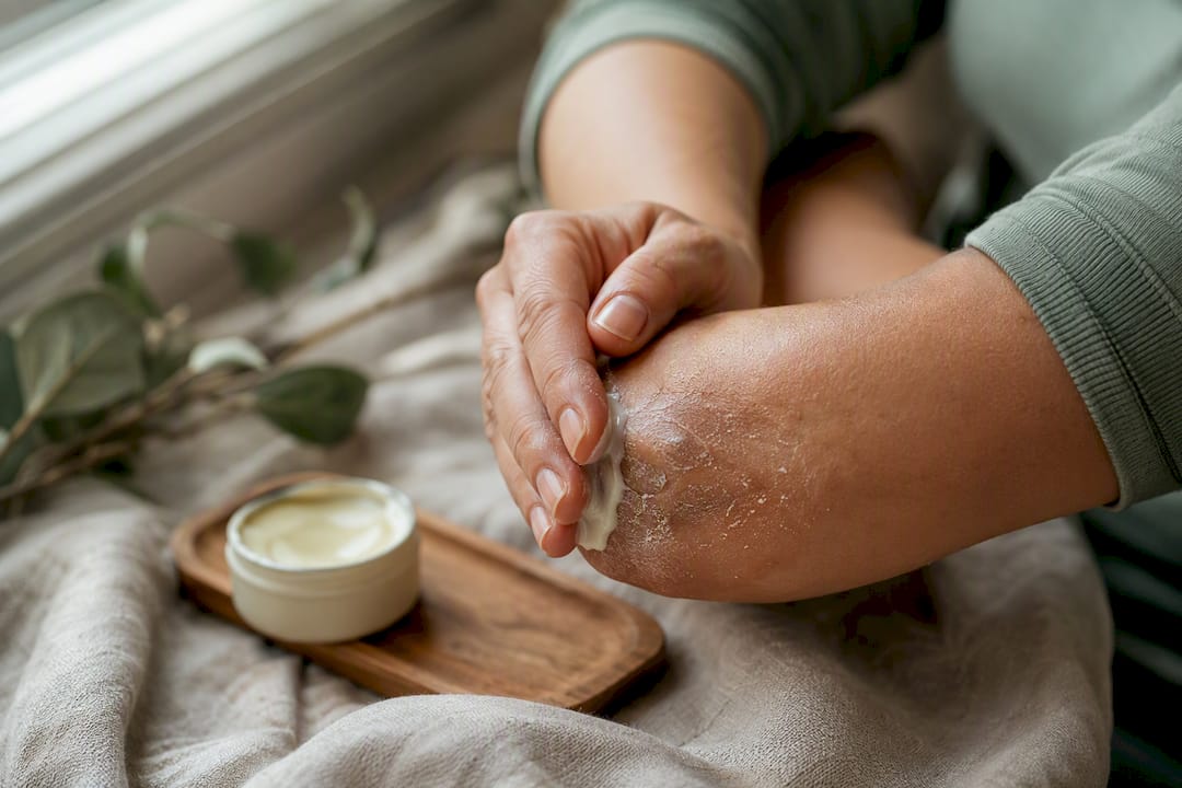 Hand applying natural balm on dry elbow skin
