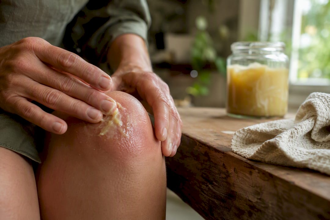 Applying creamy balm on dry skin forearm
