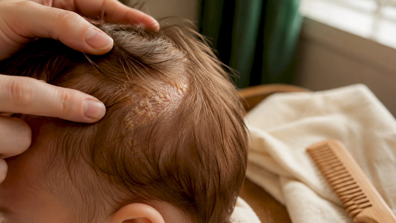 Infant scalp showing mild cradle cap scale