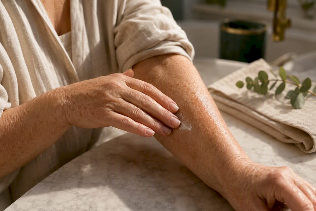 Applying balm to dry sun-exposed forearm