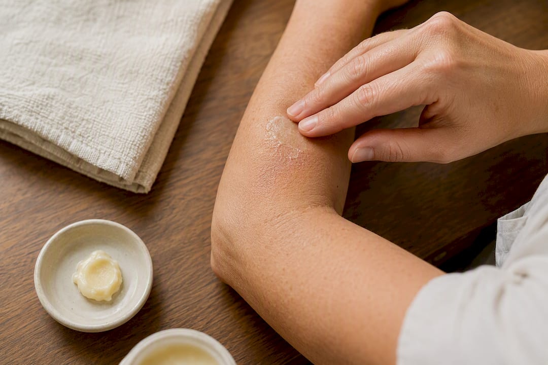 Hands applying balm to a dry elbow patch