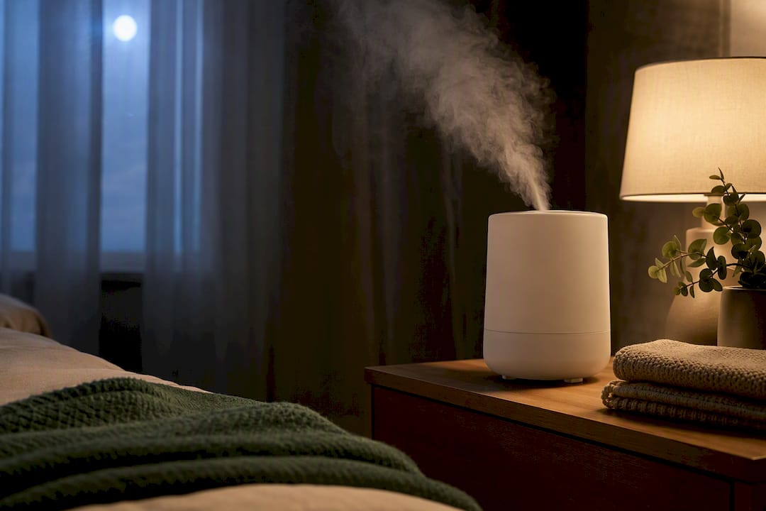 Humidifier running beside a bedroom bed