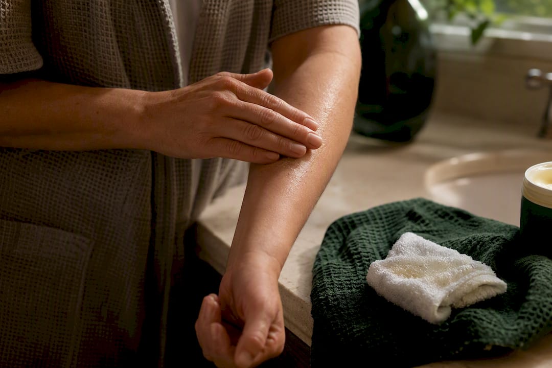 Hand patting a cool moisturized forearm