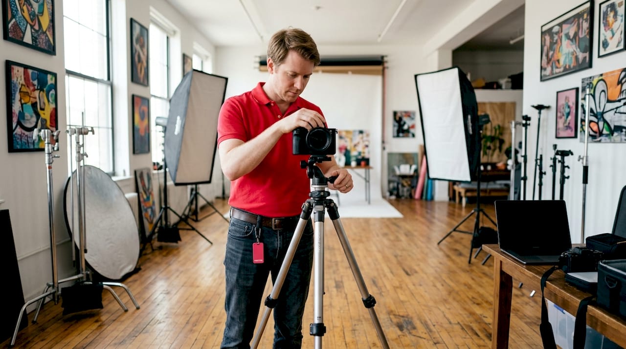 Photographer adjusting camera and softbox lighting