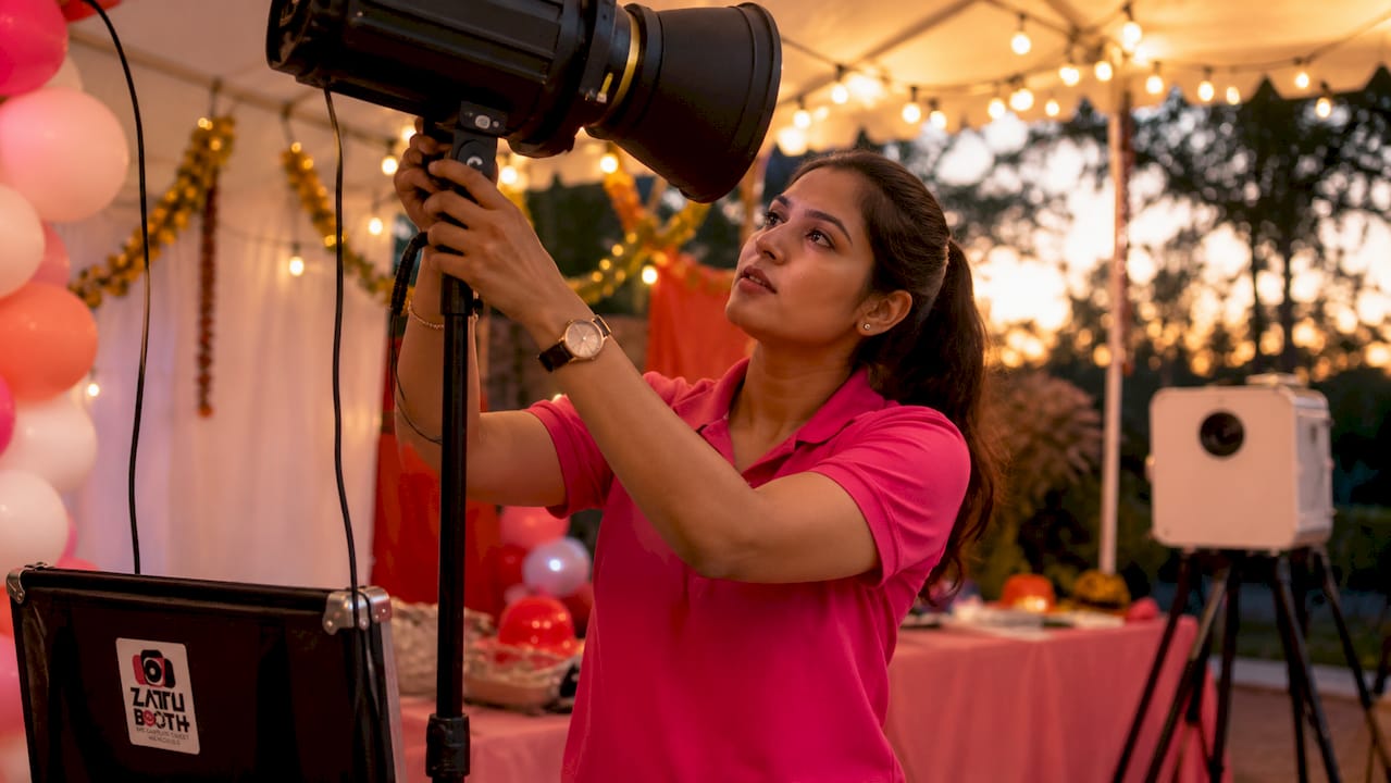 Attendant adjusting professional photo booth lighting