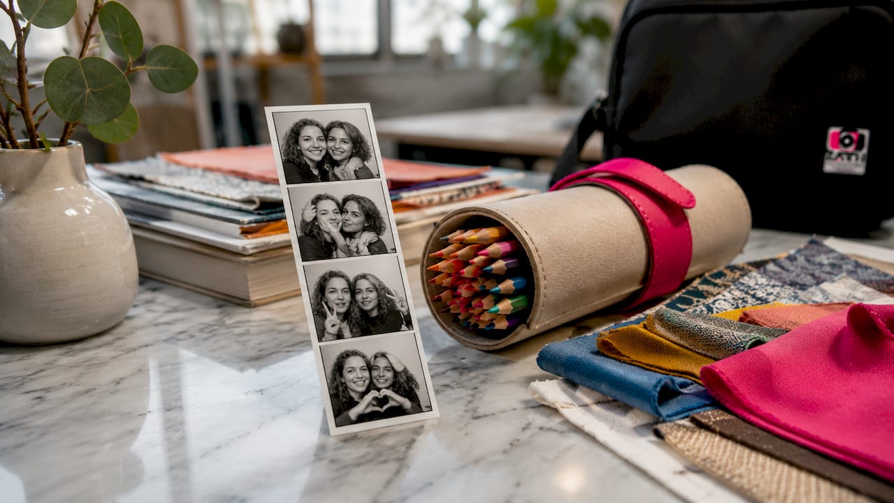 Classic 2x6 photo booth strip on wooden table